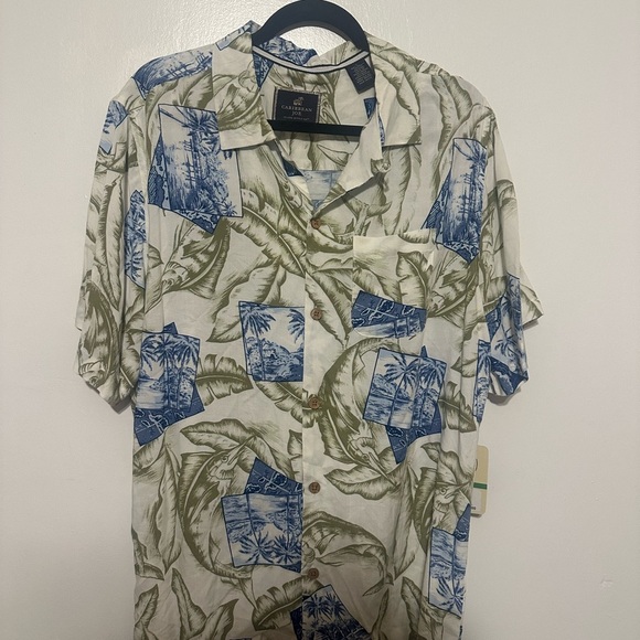 Caribbean Joe Olive and Blue Tropical Print Shirt - Picture 1 of 5